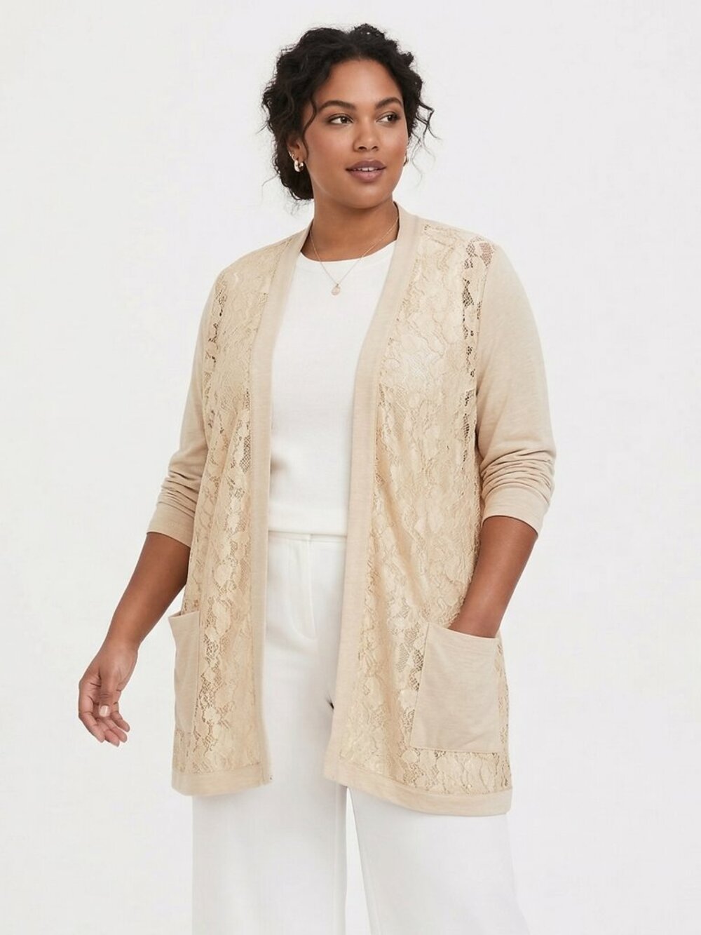 LOGO Lori Goldstein Jacket Tan Lace Floral Open Sheer Bohemian 4X